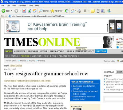 Times headline: Tory resigns after grammer school row